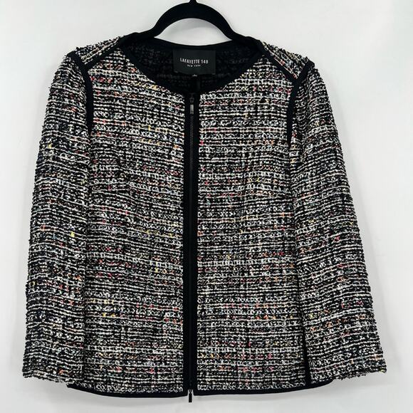 Lafayette 148 Keaton Tweed Blazer Jacket Rainbow Multicolor Pockets Black Petite - Picture 3 of 15